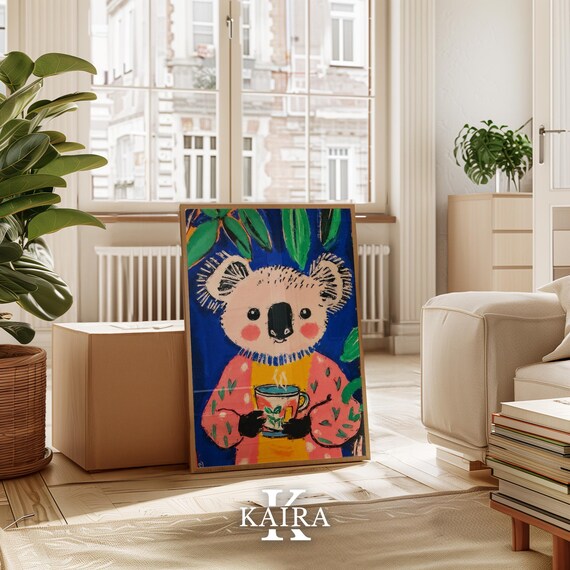 Cozy Koala Sipping Hot Tea in a Pink Knit Sweater at Night Poster