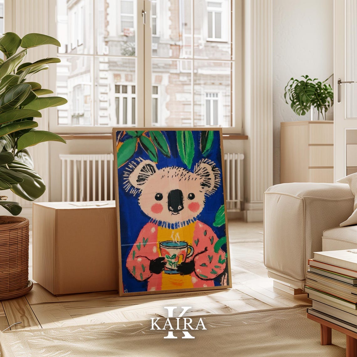 Cozy Koala Sipping Hot Tea in a Pink Knit Sweater at Night Poster