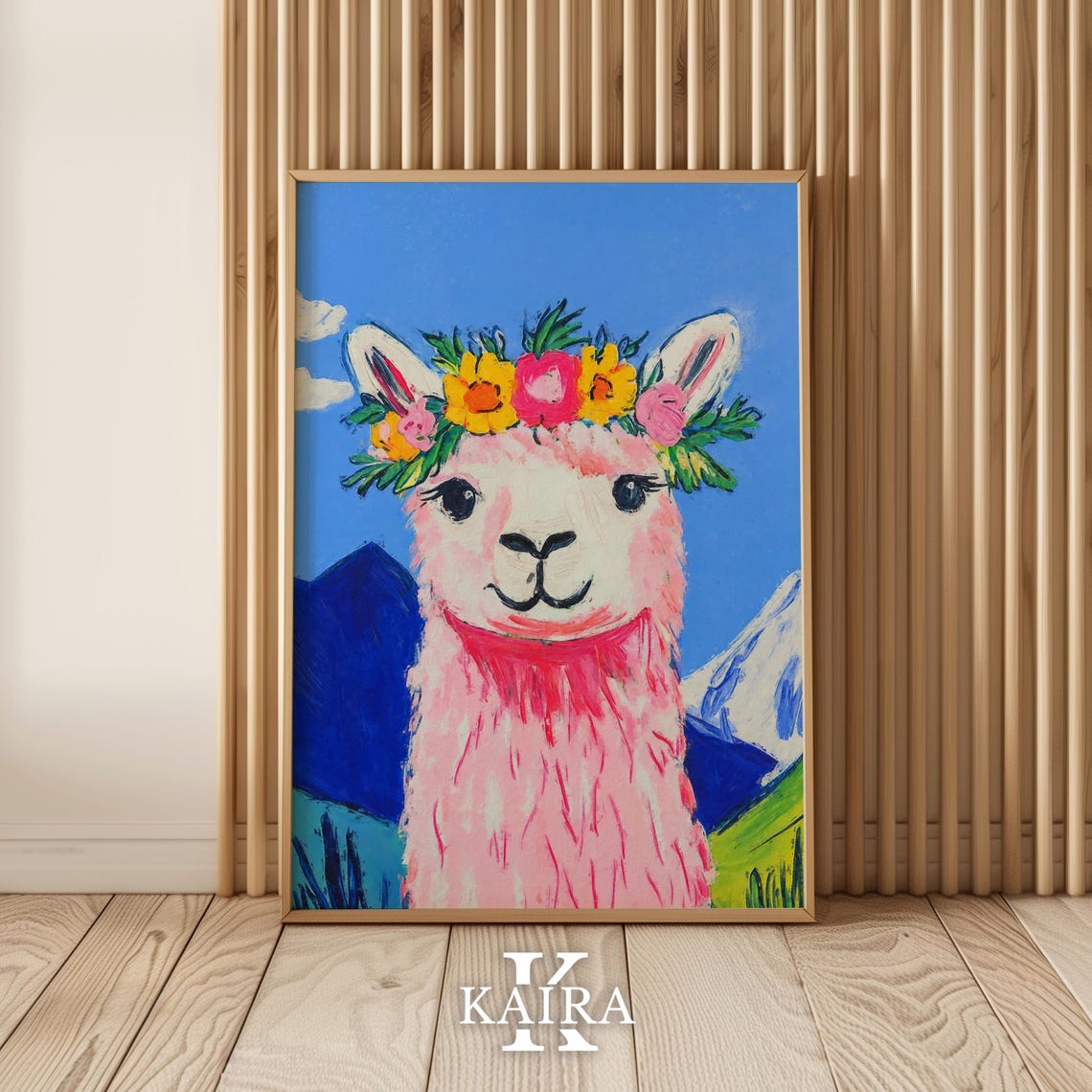 Smiling Pink Llama Wearing a Bright Flower Crown by Mountains Poster - Image 4