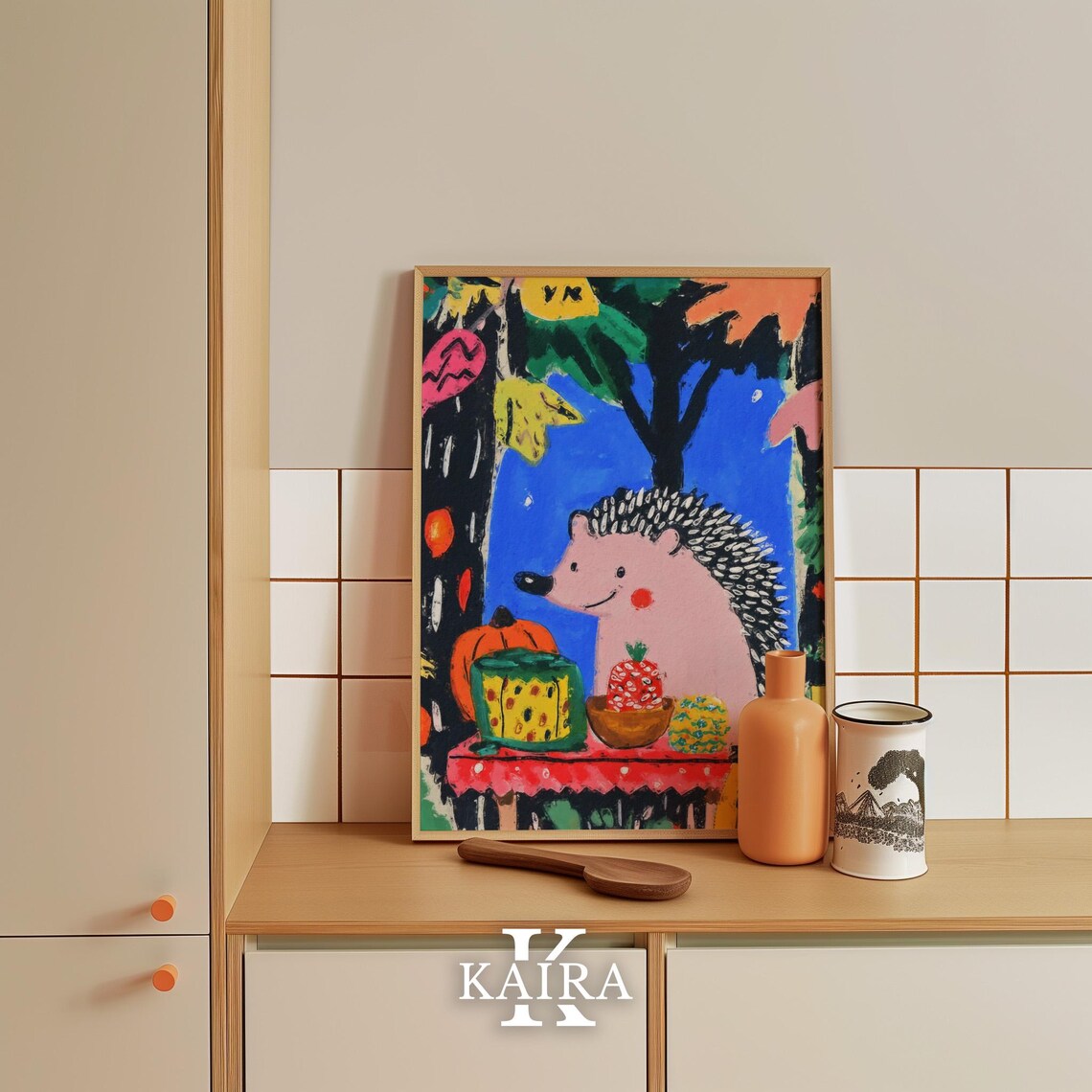 Smiling Pink Hedgehog Autumn Feast With Pumpkins and Treats Poster - Image 4