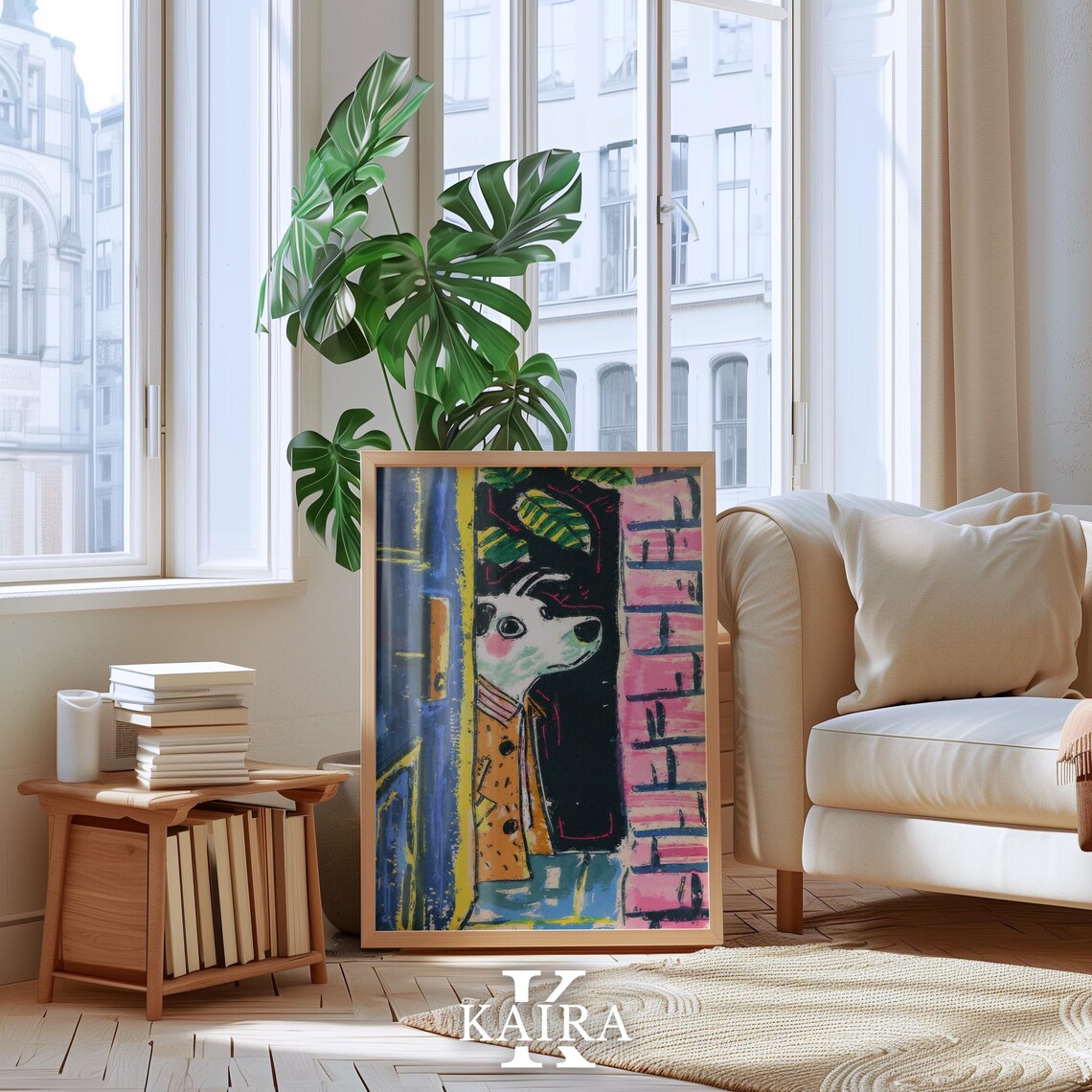 Shy White Dog in a Spotted Trench Coat Peeking Around a Door Poster - Image 5