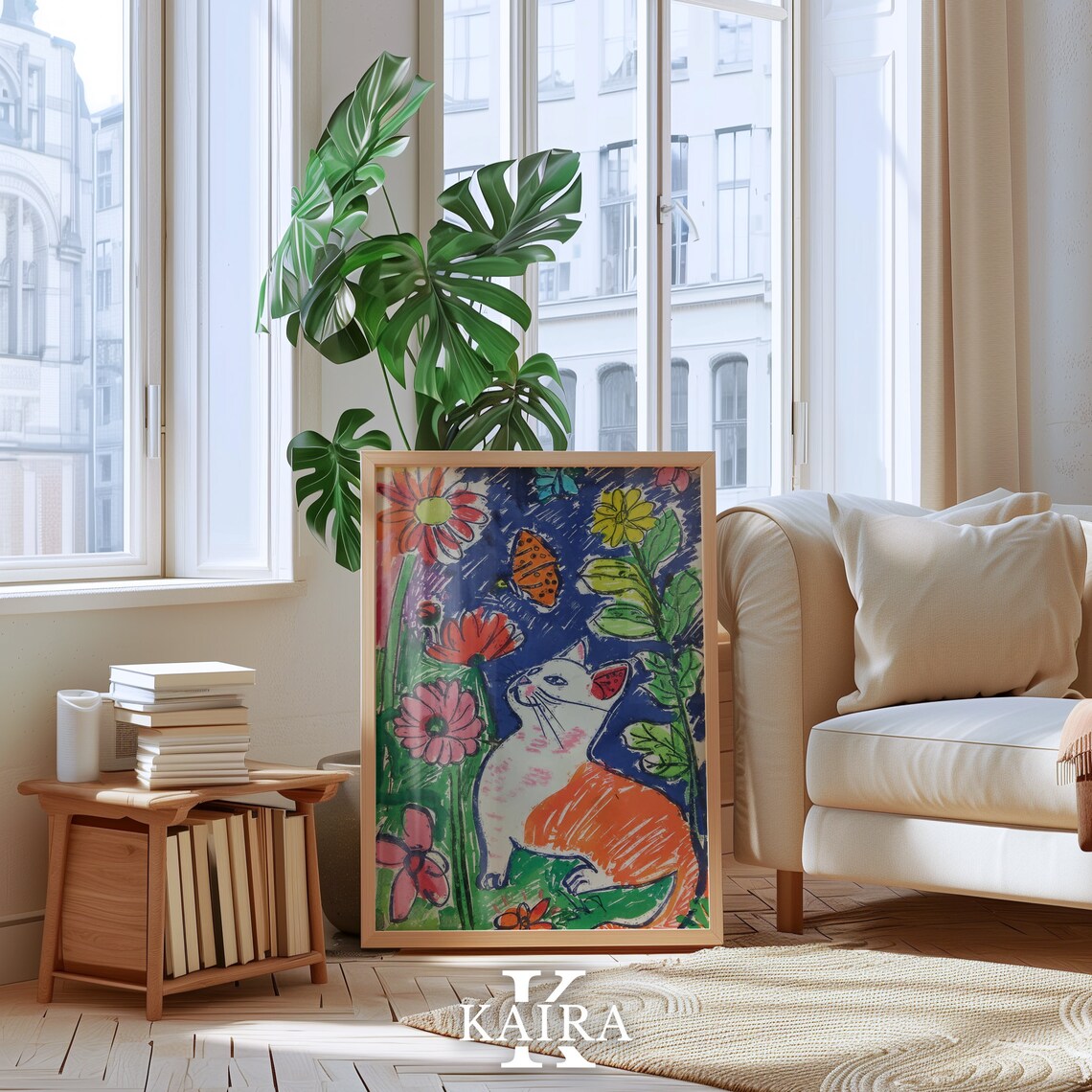 White Cat Among Pink Flowers And Butterflies Garden Cat Poster - Image 5