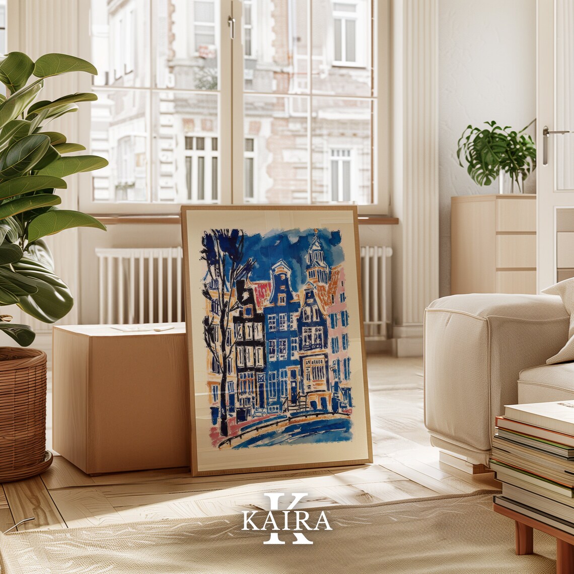 Amsterdam Canal Houses in Loose Blue and Gold Watercolor Poster - Image 2