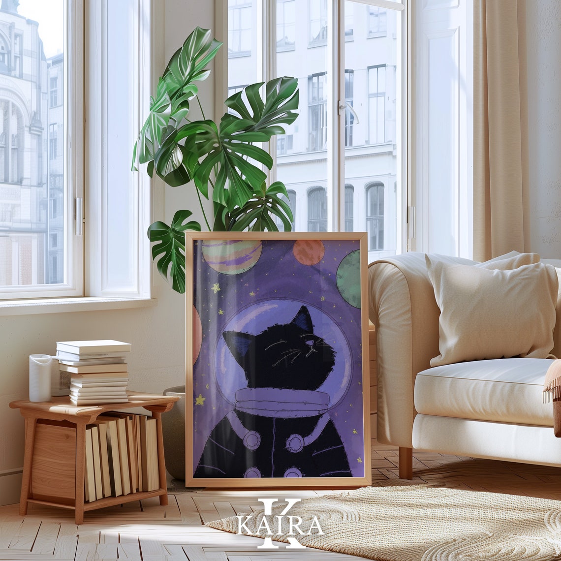 Black Cat Astronaut In Space Helmet Floating Among Planets Poster - Image 4