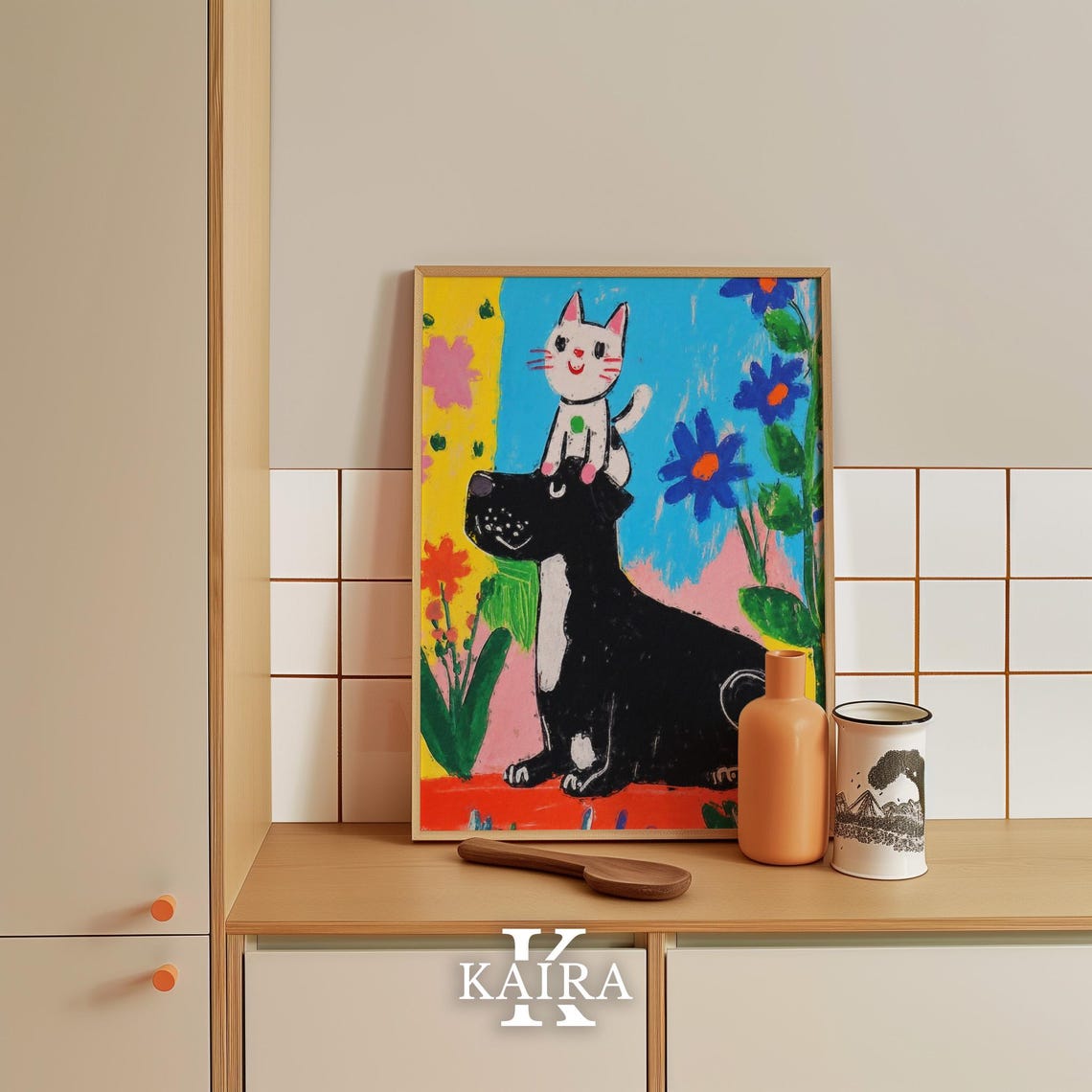Happy White Cat Riding on a Big Black Dog Among Flowers Poster - Image 5