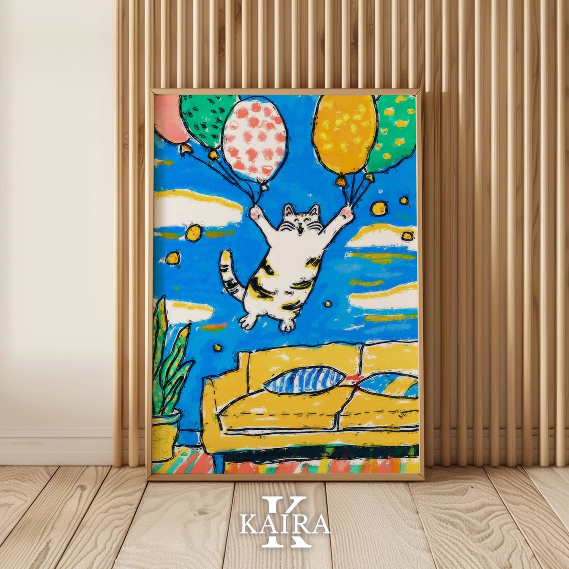 Joyful Tabby Cat Floating Through the Sky on Colorful Balloons Poster - Image 2