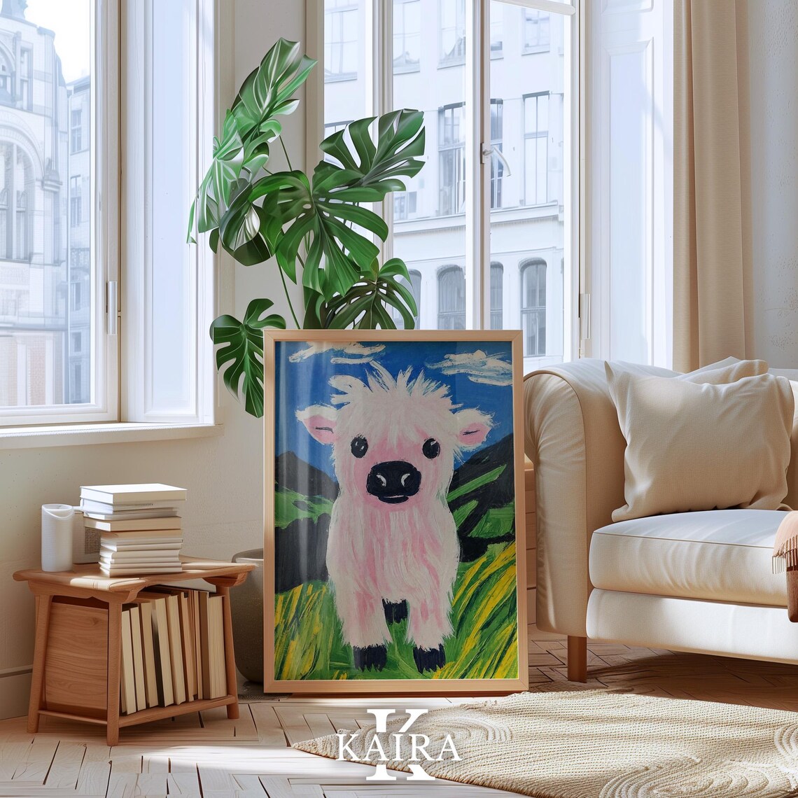 Fluffy Pink Highland Cow Calf in a Sunny Green Pasture Poster - Image 4