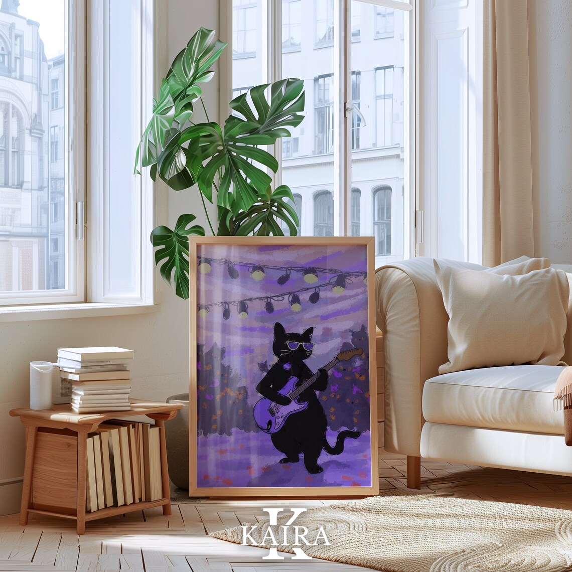 Cool Black Cat Playing Electric Guitar At Outdoor Party String Lights Poster - Image 5