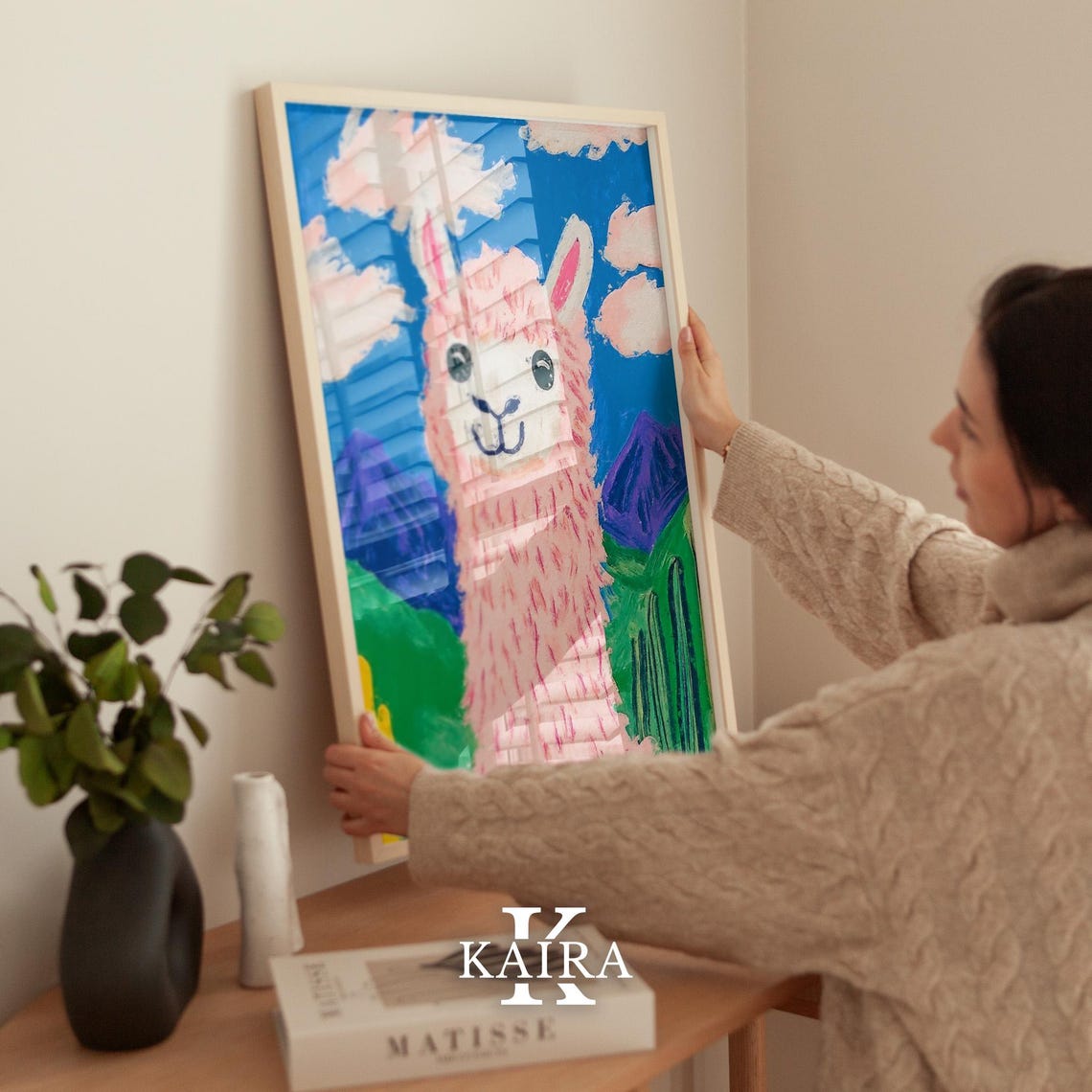 Fluffy Pink Llama Smiling Against Purple Mountains and Clouds Poster - Image 2