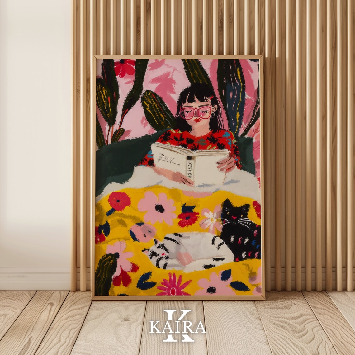 Woman Reading In Bed With Two Cats Cozy Book Lovers Art Poster - Image 2