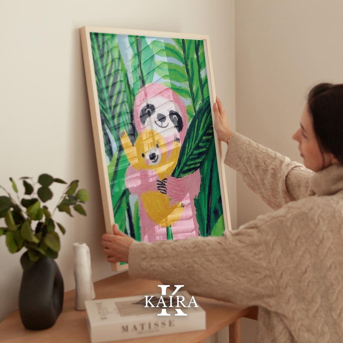 Pink Sloth Hugging Its Baby Among Lush Green Jungle Leaves Poster - Image 2