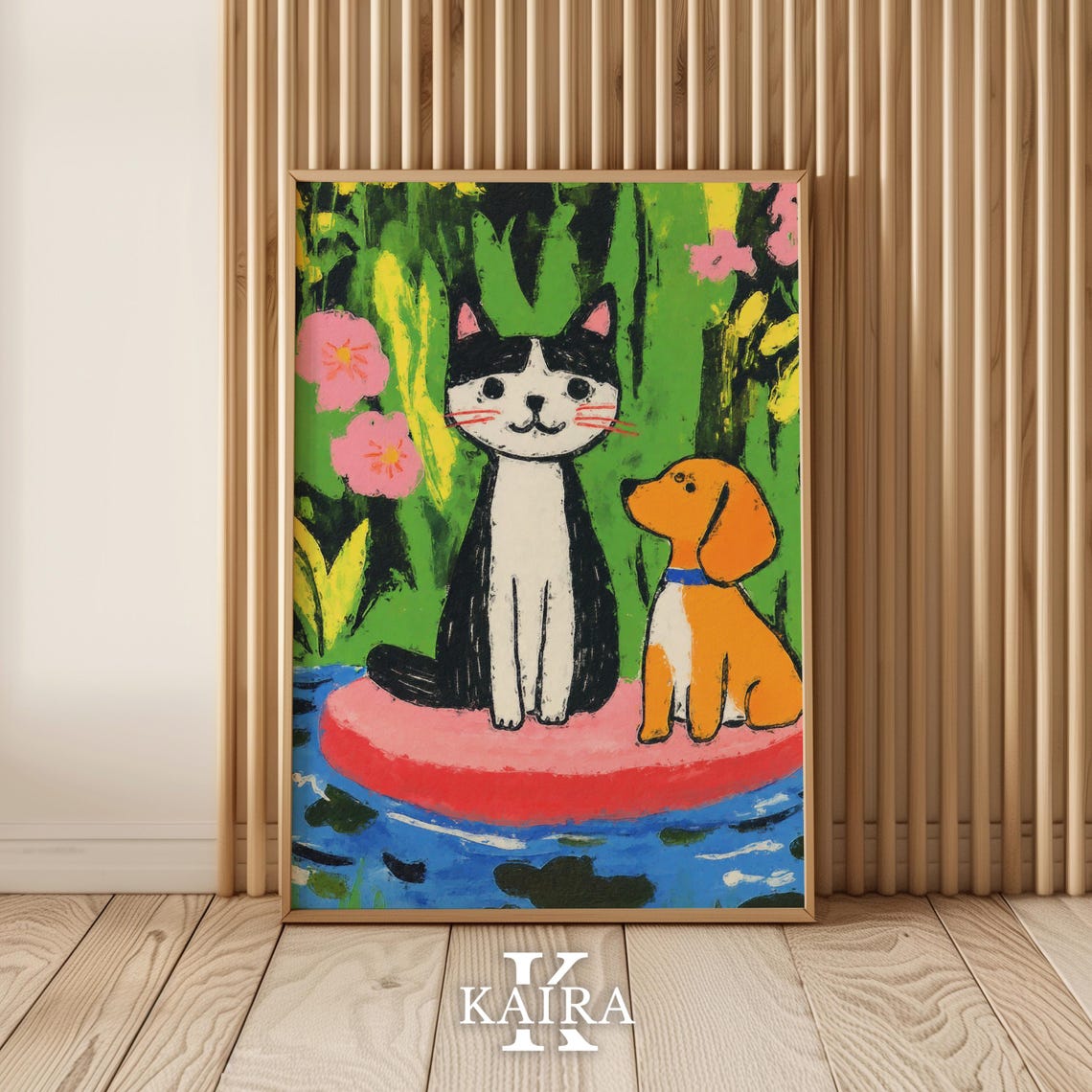 Black and White Cat With an Orange Puppy by a Garden Pond Poster - Image 5