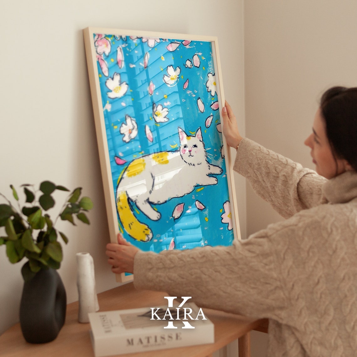Happy Spotted White Cat Lounging Among Falling Blossom Petals Poster - Image 3