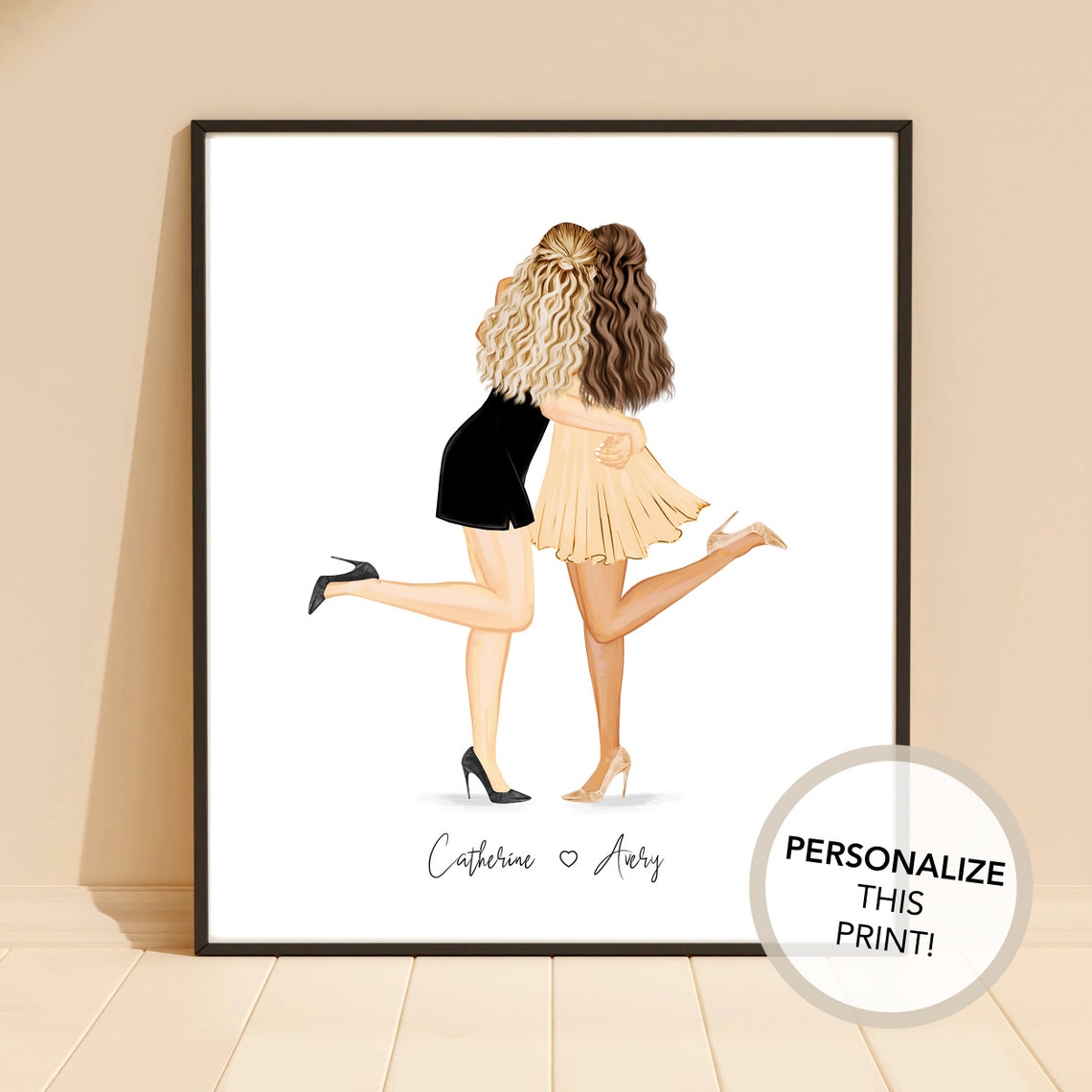 Best Friends Hugging Jumping Night Out Personalised Portrait Poster