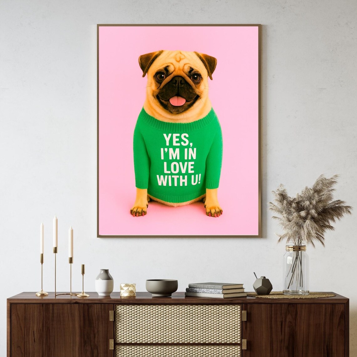 Cute Fawn Pug Valentines Love Gift Funny Quote Pink Background Poster