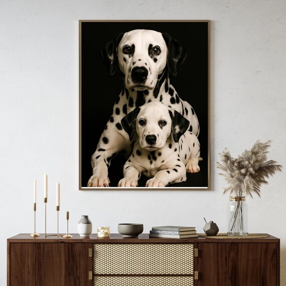Dalmatian Puppy And Parent Wall Art Black Background Dog Portrait Minimalist Pet Photography Lover Gift