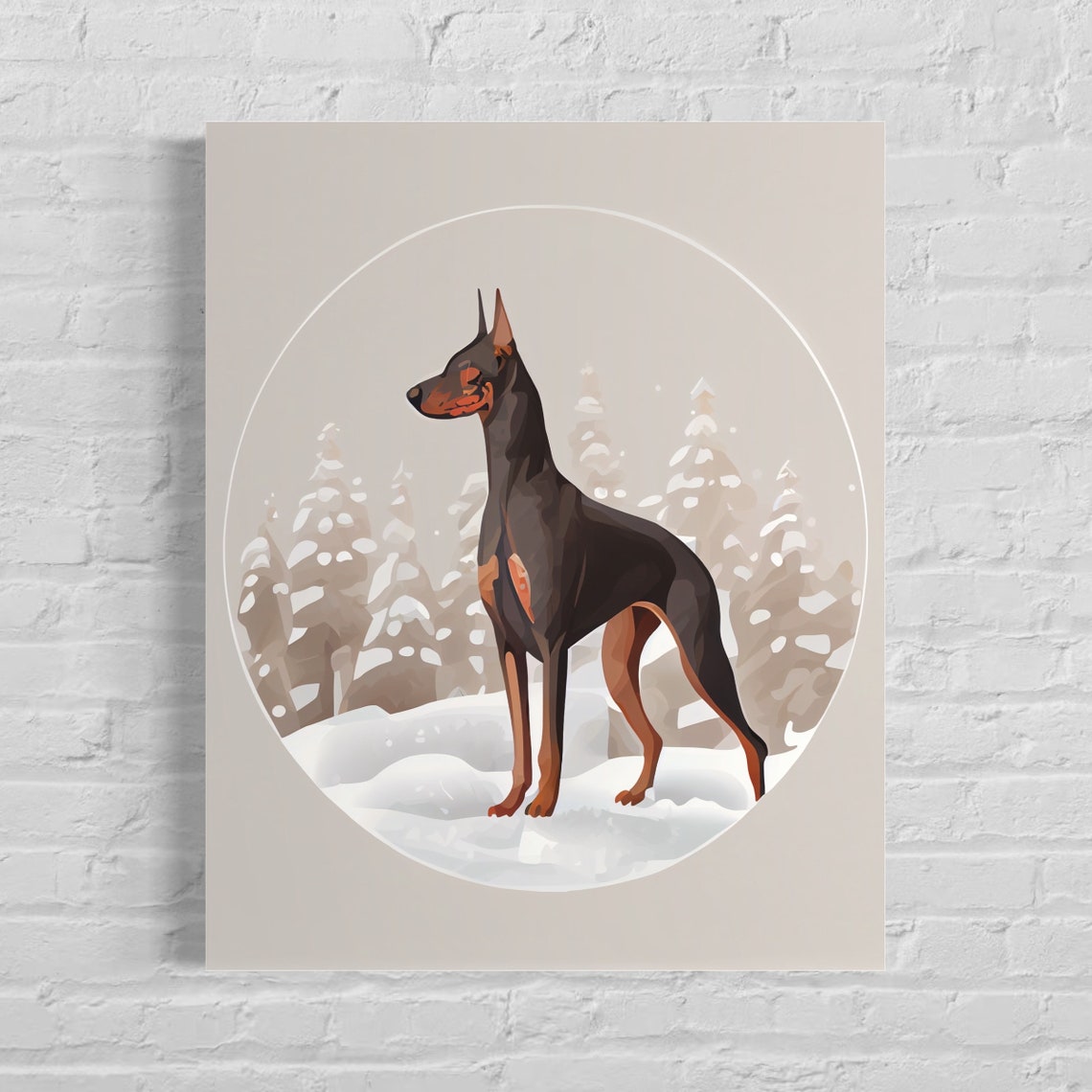 Black and Tan Dobermann Standing in Snowy Forest Circle Poster