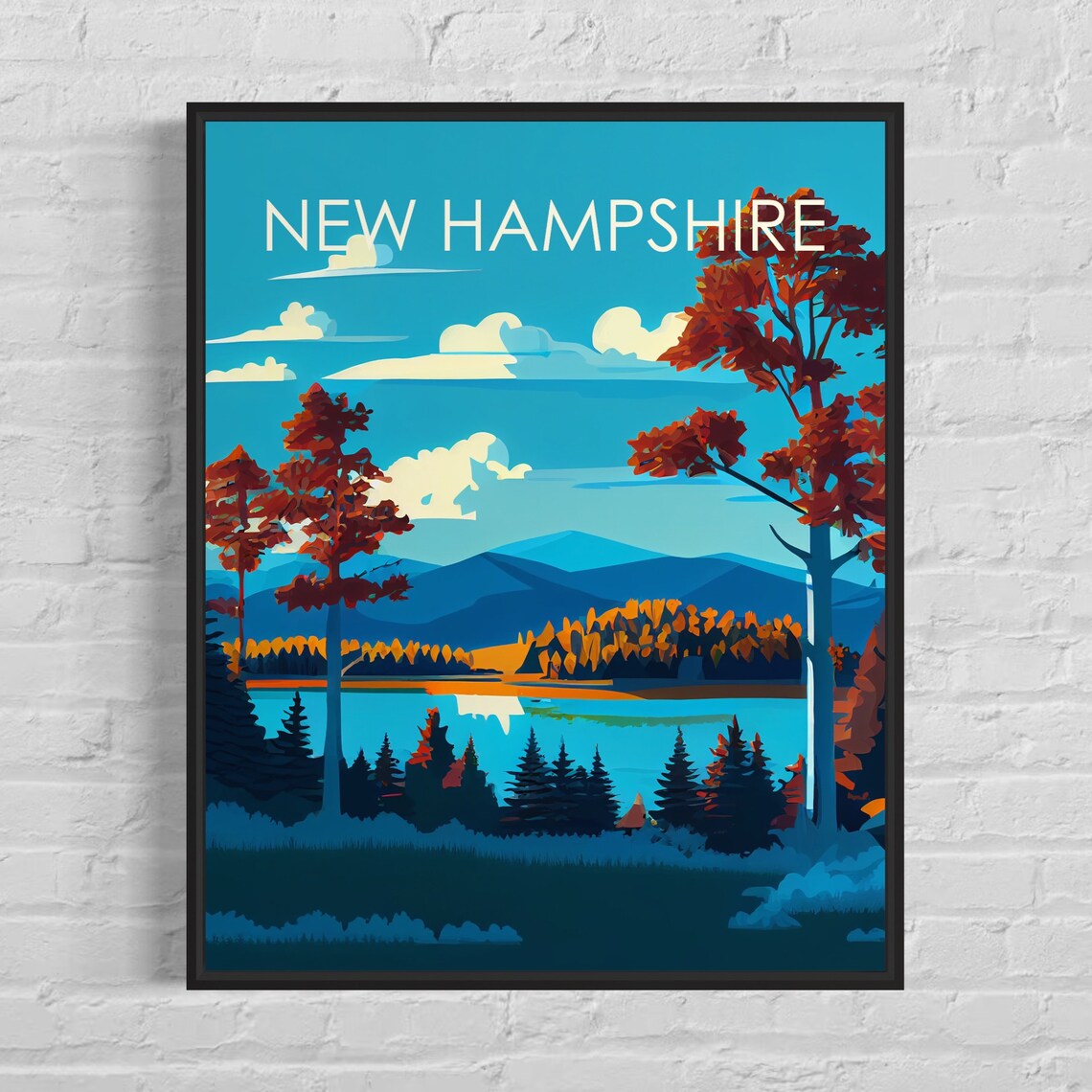 New Hampshire Autumn Lake And Mountains Retro Scenic Travel Poster