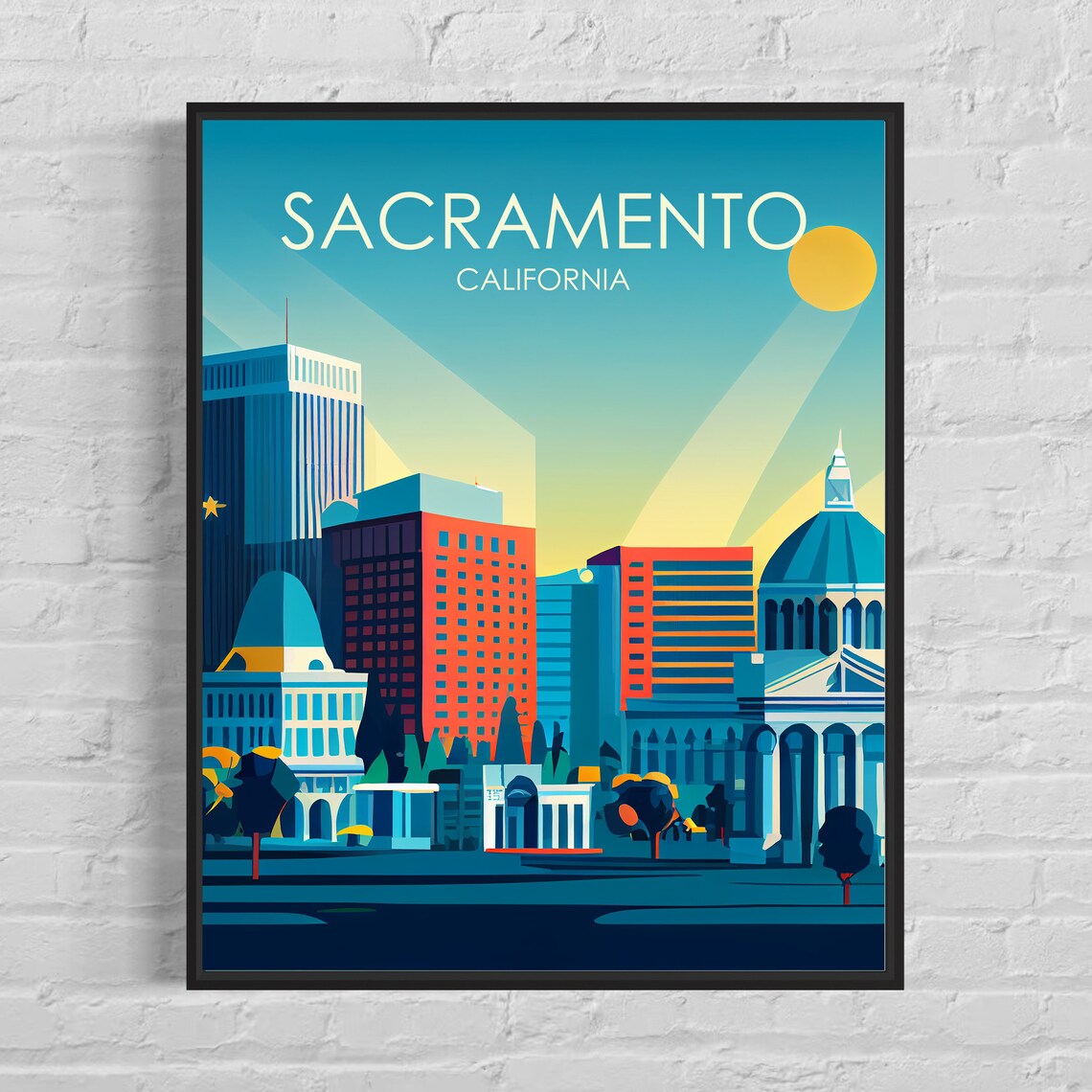 Sacramento California Vintage Skyline Capitol City Sunset Poster