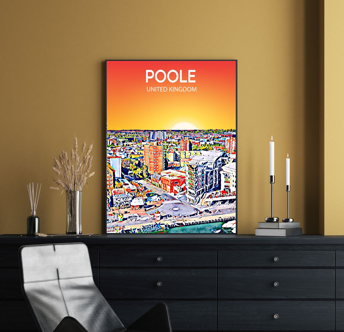 Poole England Harbor Waterfront Golden Sunset Skyline Travel Poster - Image 2