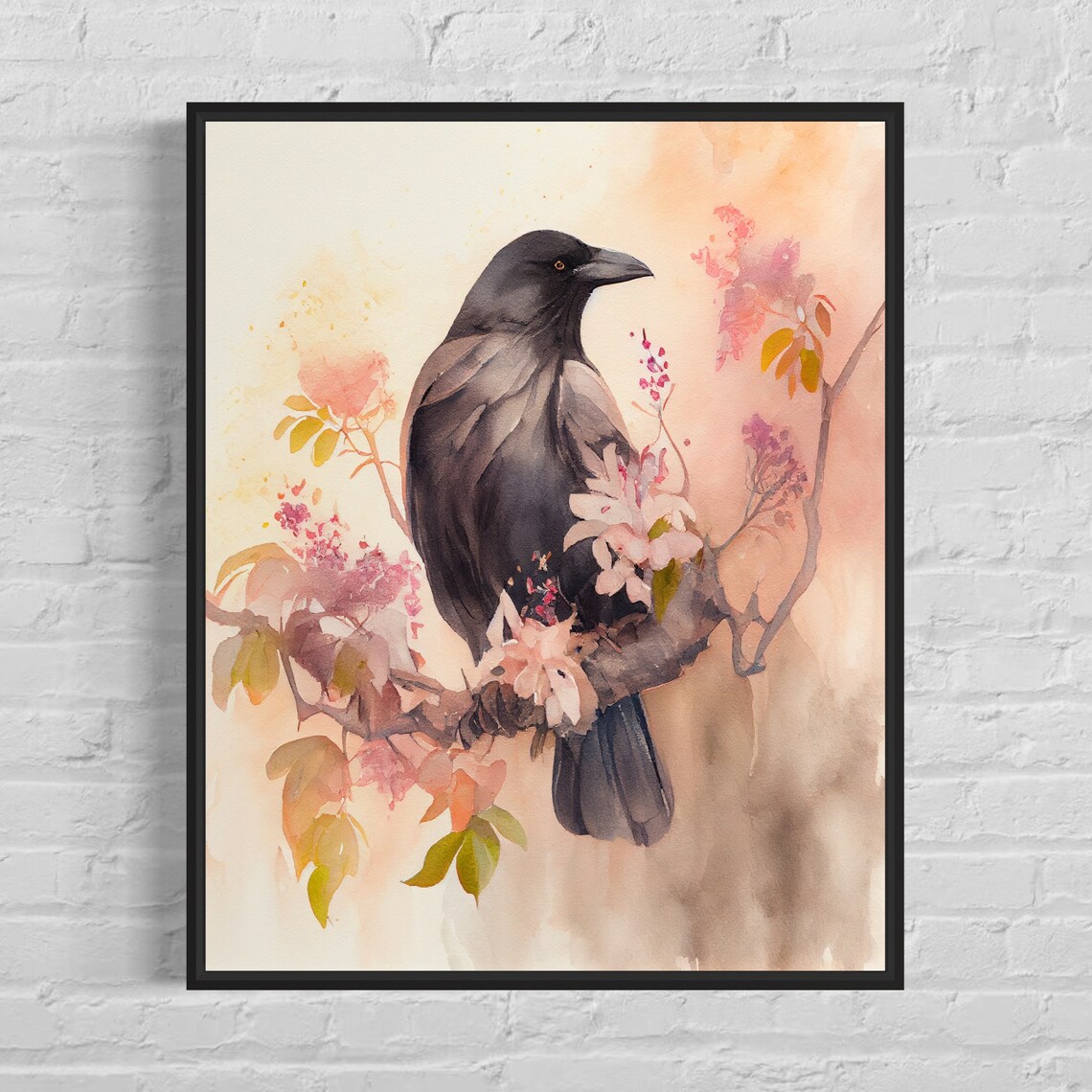 Black Crow Perched on Blossoming Branch Watercolor Art Poster