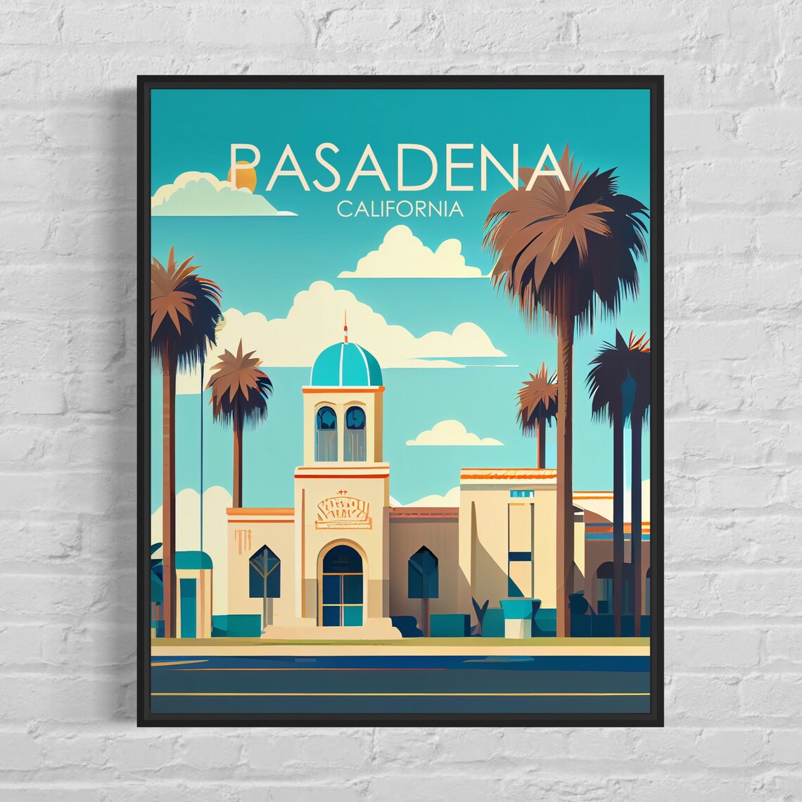 Pasadena California Mission Dome Palm Avenue Vintage Art Poster