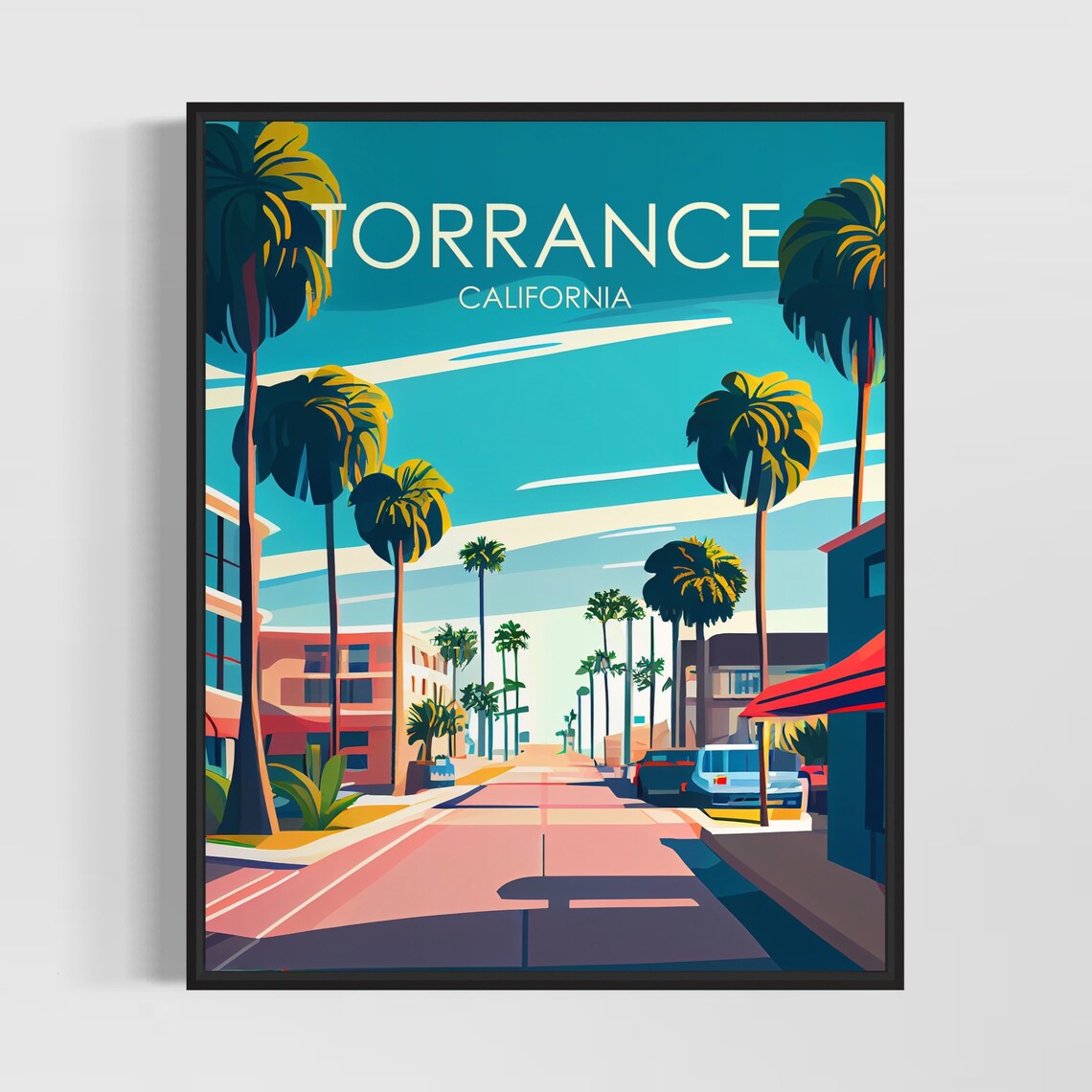 Torrance California Palm Tree Lined Street Sunset Travel Poster