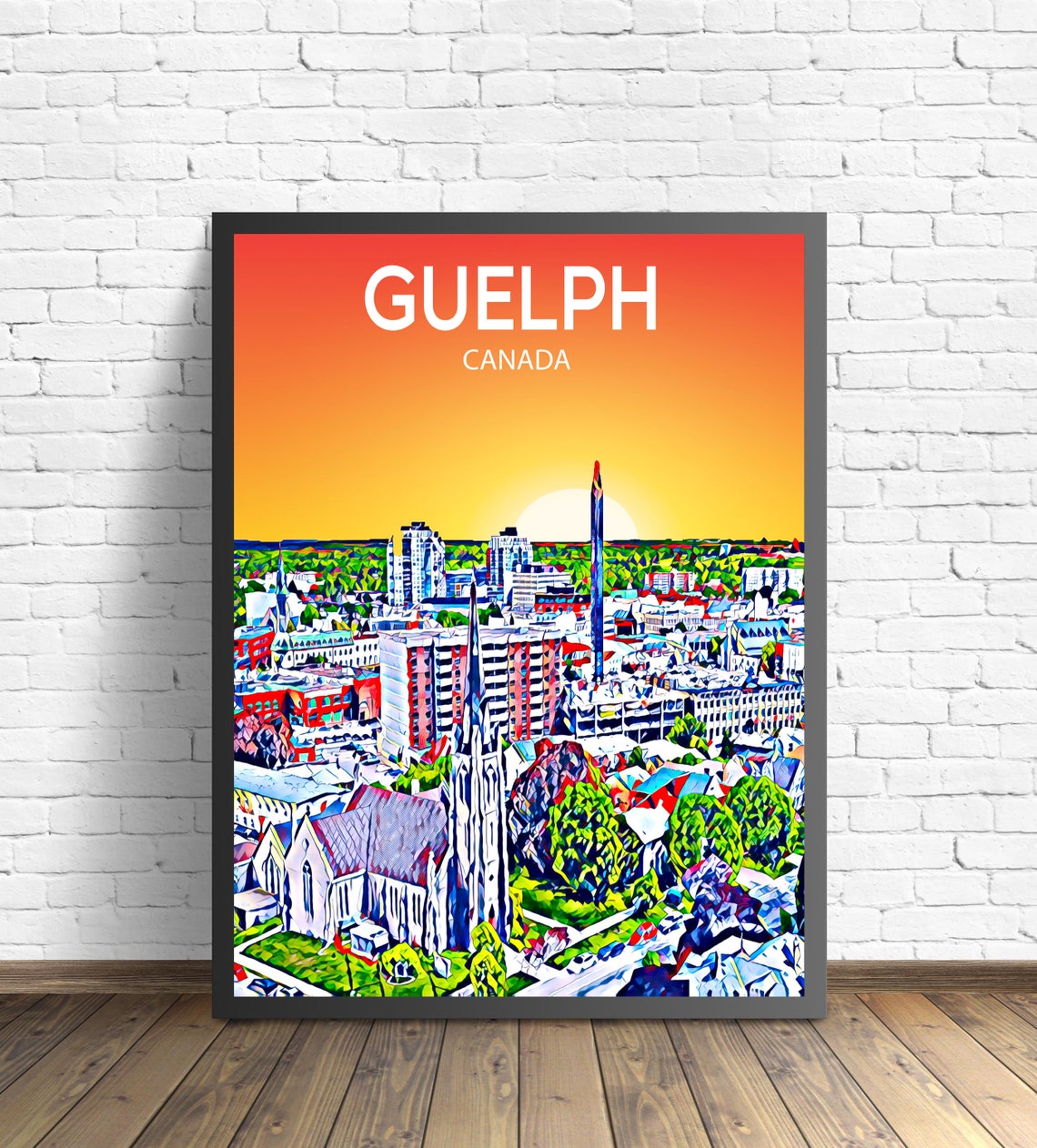 Guelph Canada Sunset Skyline Vibrant Mosaic Cityscape Art Poster