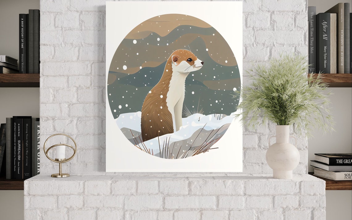 Stoat Standing in Falling Snow Winter Forest Minimal Art Poster - Image 3