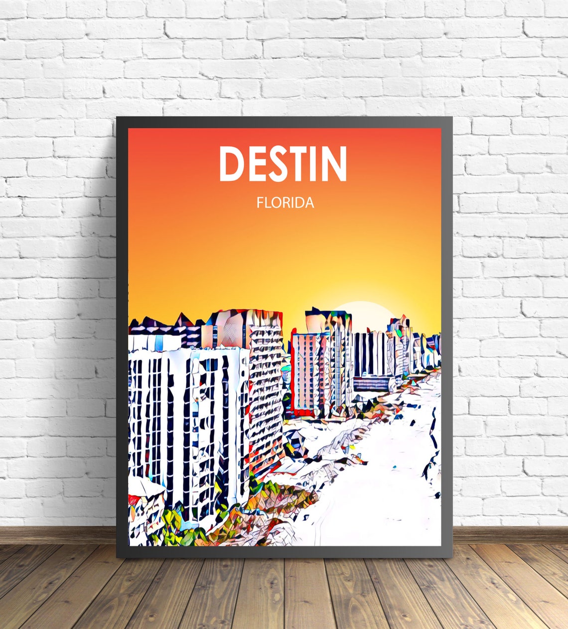 Destin Florida Sunset Beachfront Towers Colorful Skyline Poster