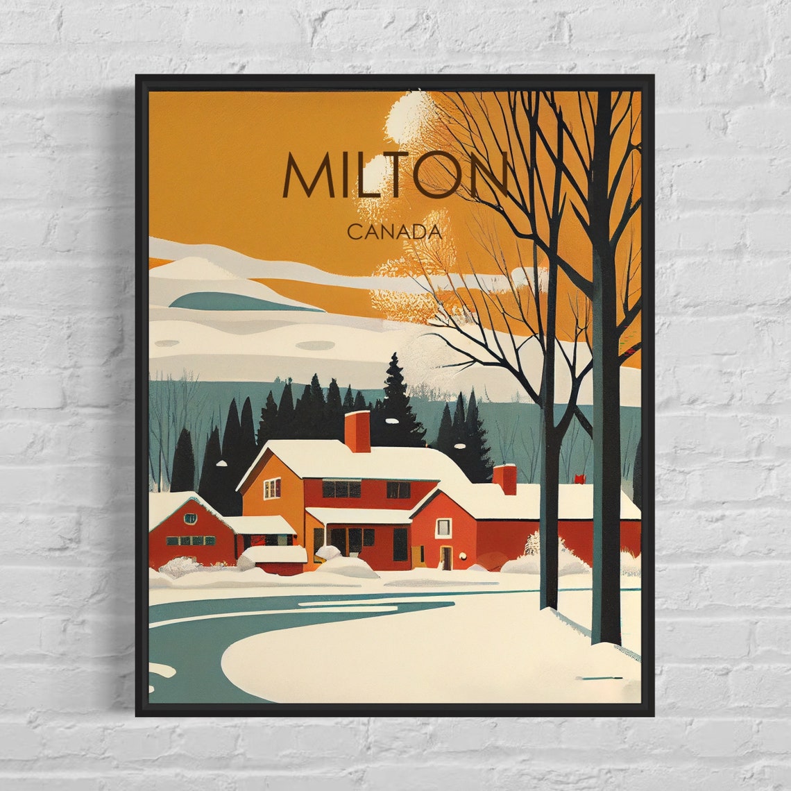 Milton Canada Snowy Red Farmhouse Winter Sunset Travel Poster