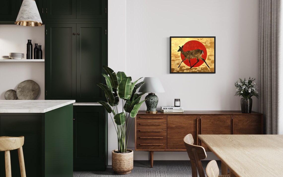 Spotted Deer Running Beneath Red Sun Asian Gold Style Poster - Image 2