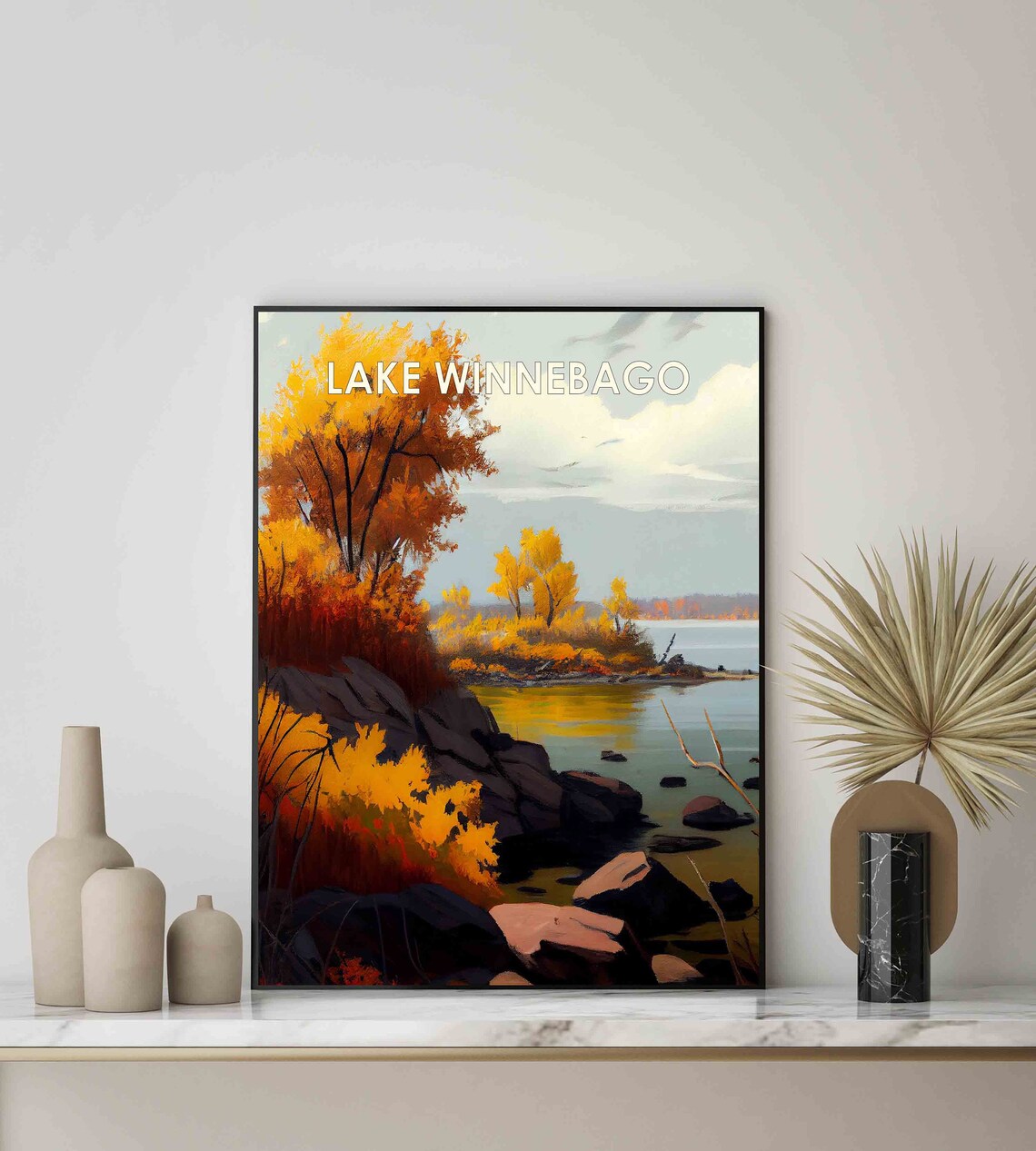 Lake Winnebago Wisconsin Retro Poster with Autumn Gold and Rocky Bay - Image 2