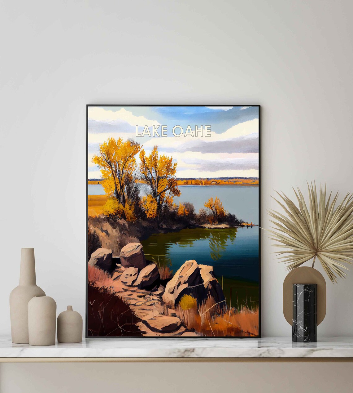 Lake Oahe South Dakota Retro Poster with Rocky Shore and Golden Trees - Image 2
