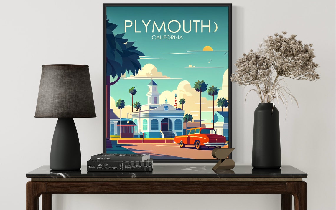 Plymouth California Retro Art Print Plymouth Art Illustration Plymouth Vintage Minimal Design Poster - Image 3