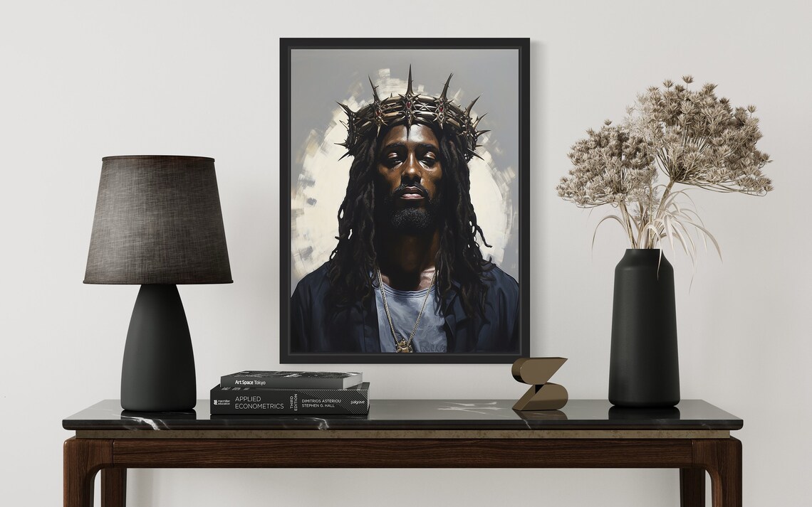 Black Jesus Crown of Thorns Sacred Portrait Religious Art Print - Image 2