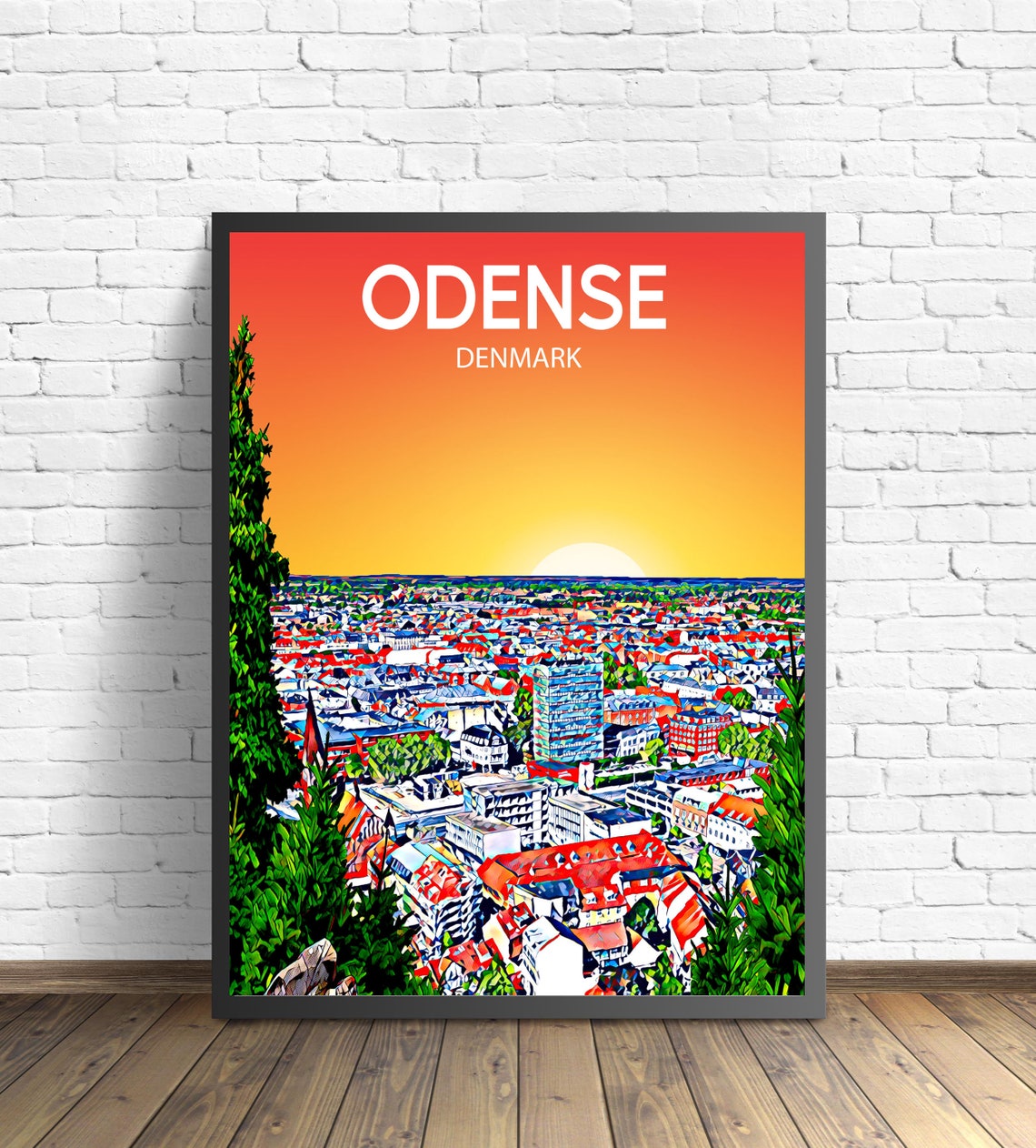 Odense Denmark Red Rooftop Old Town Sunset Skyline Travel Art Poster