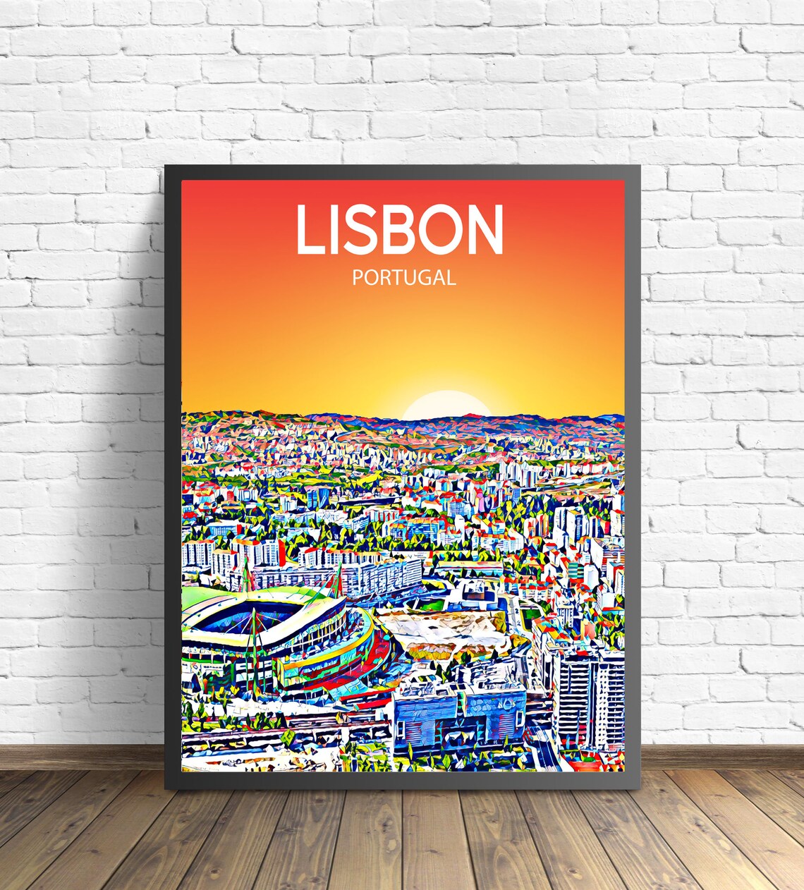 Lisbon Portugal Stadium Sunset Skyline Vibrant Cityscape Art Poster