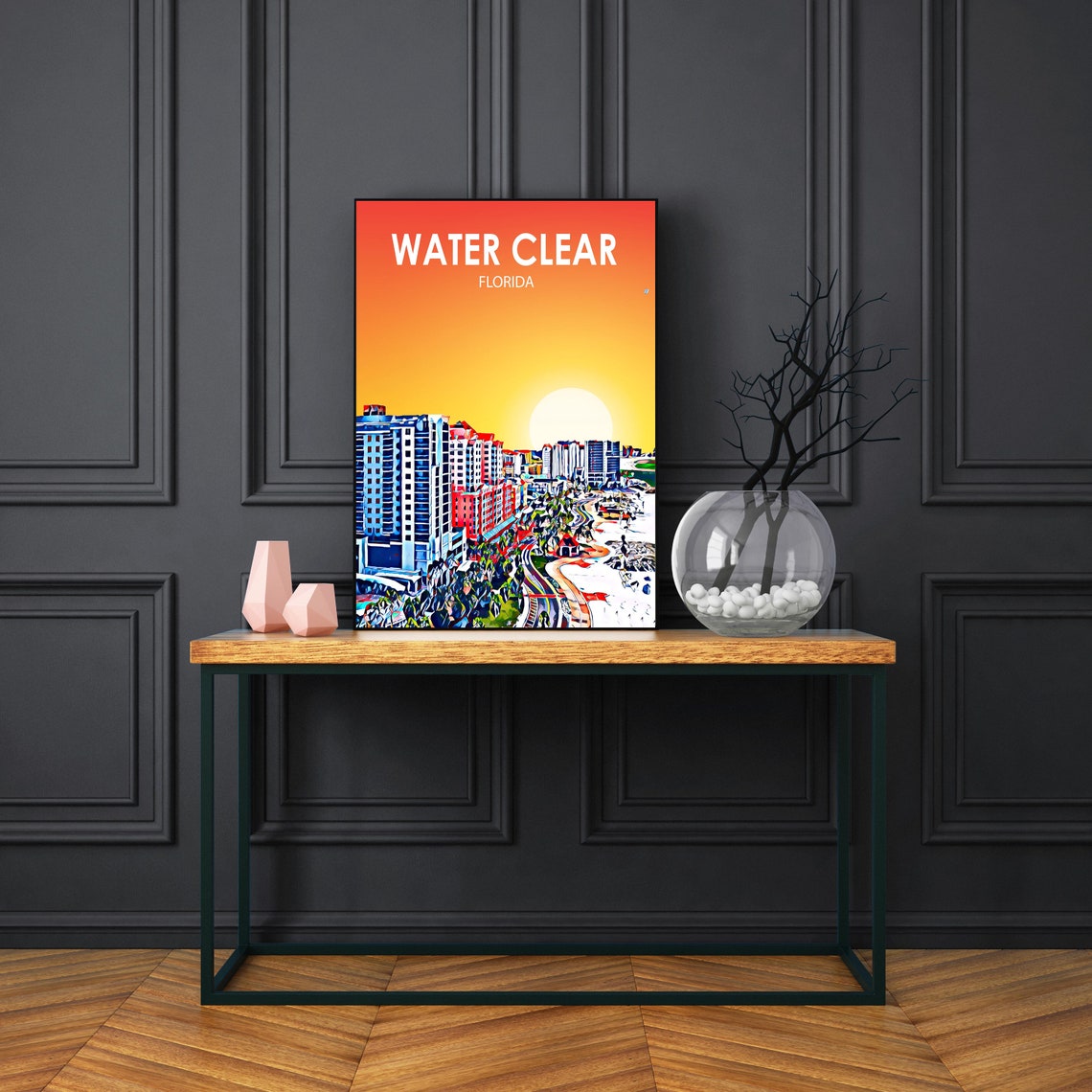 Water Clear Florida Sunset Beachfront Skyline Painted Artwork Poster - Image 3