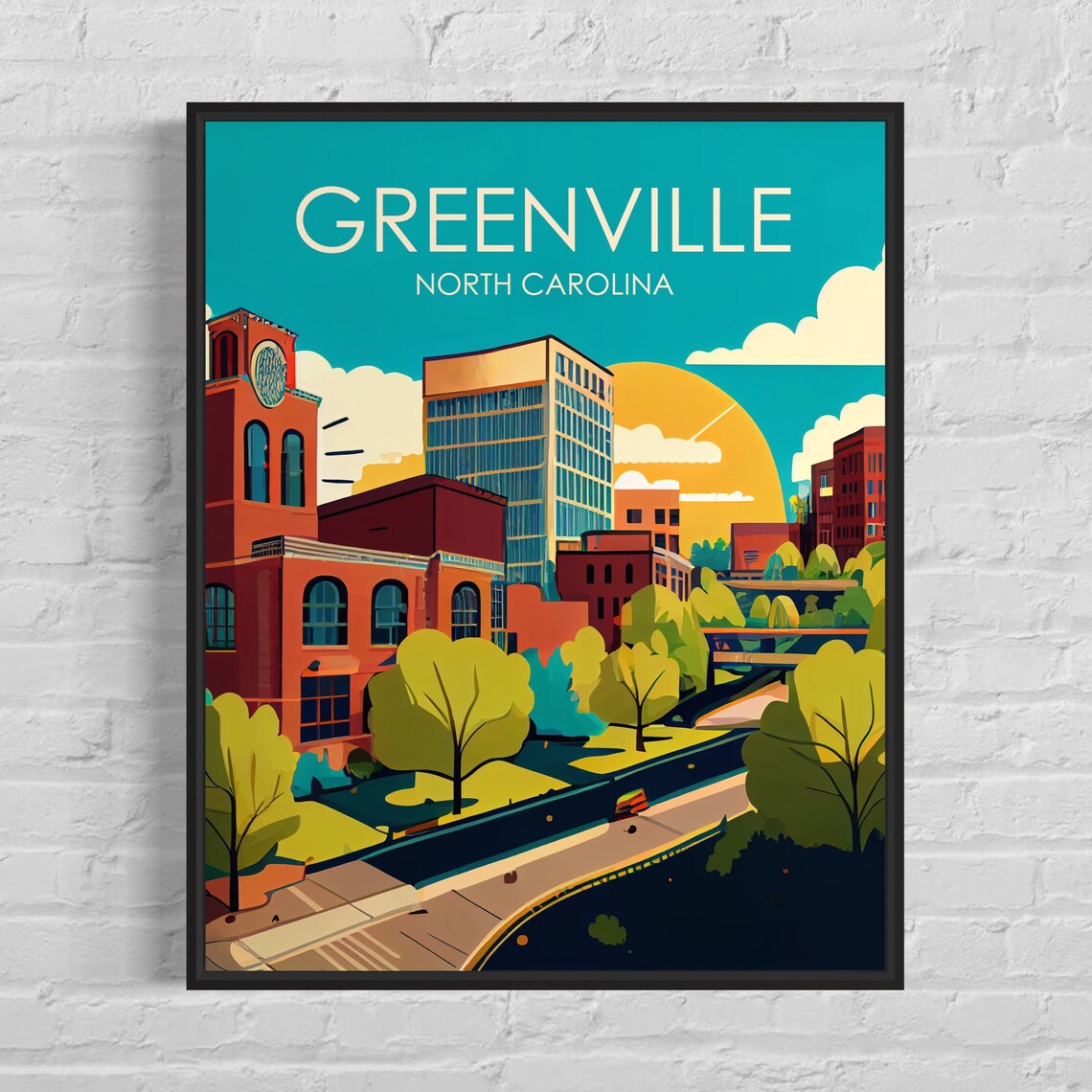 Greenville North Carolina Downtown Skyline Retro Travel Poster