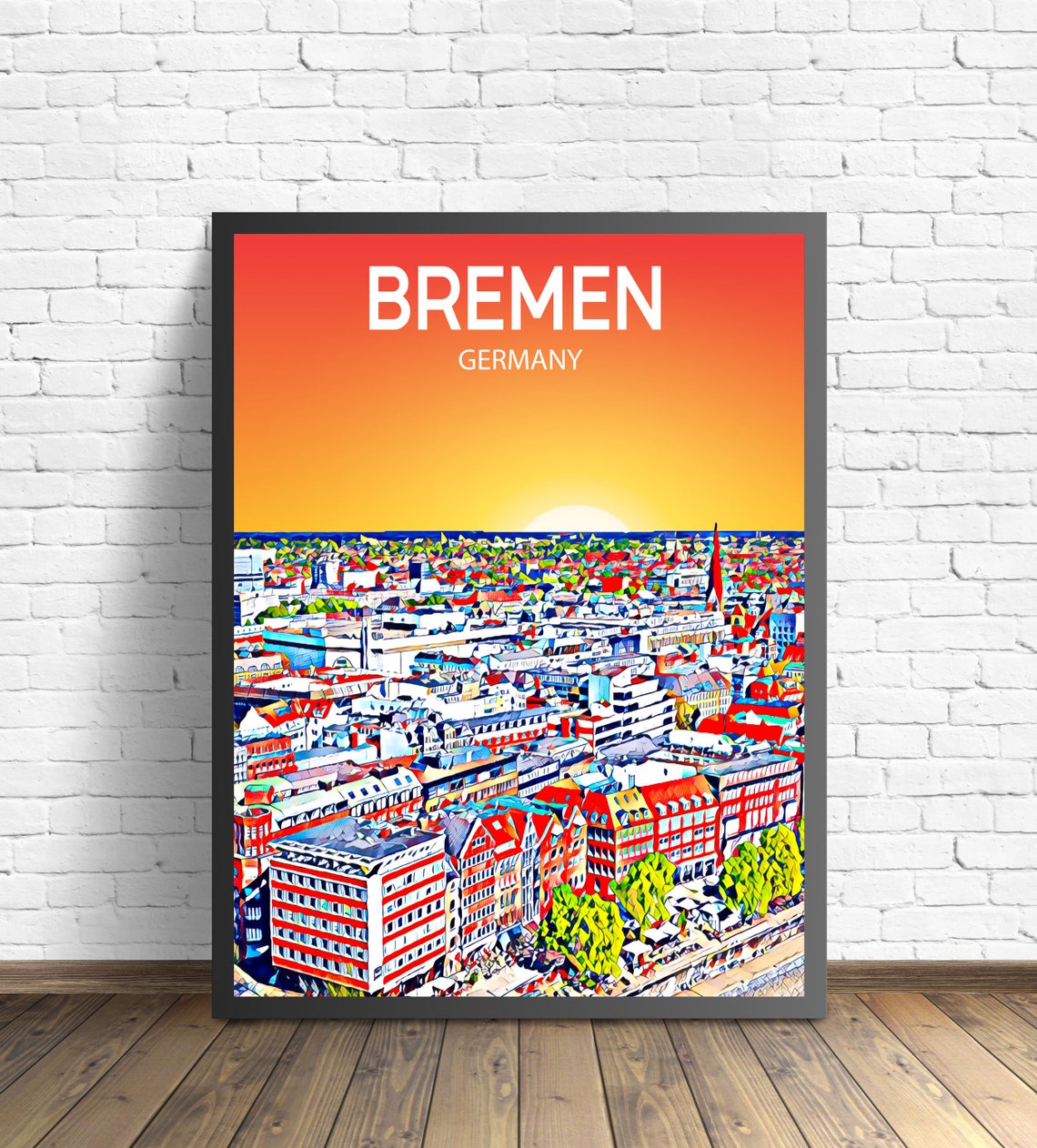 Bremen Germany Sunset Skyline Old Town Sketch Travel Poster Art