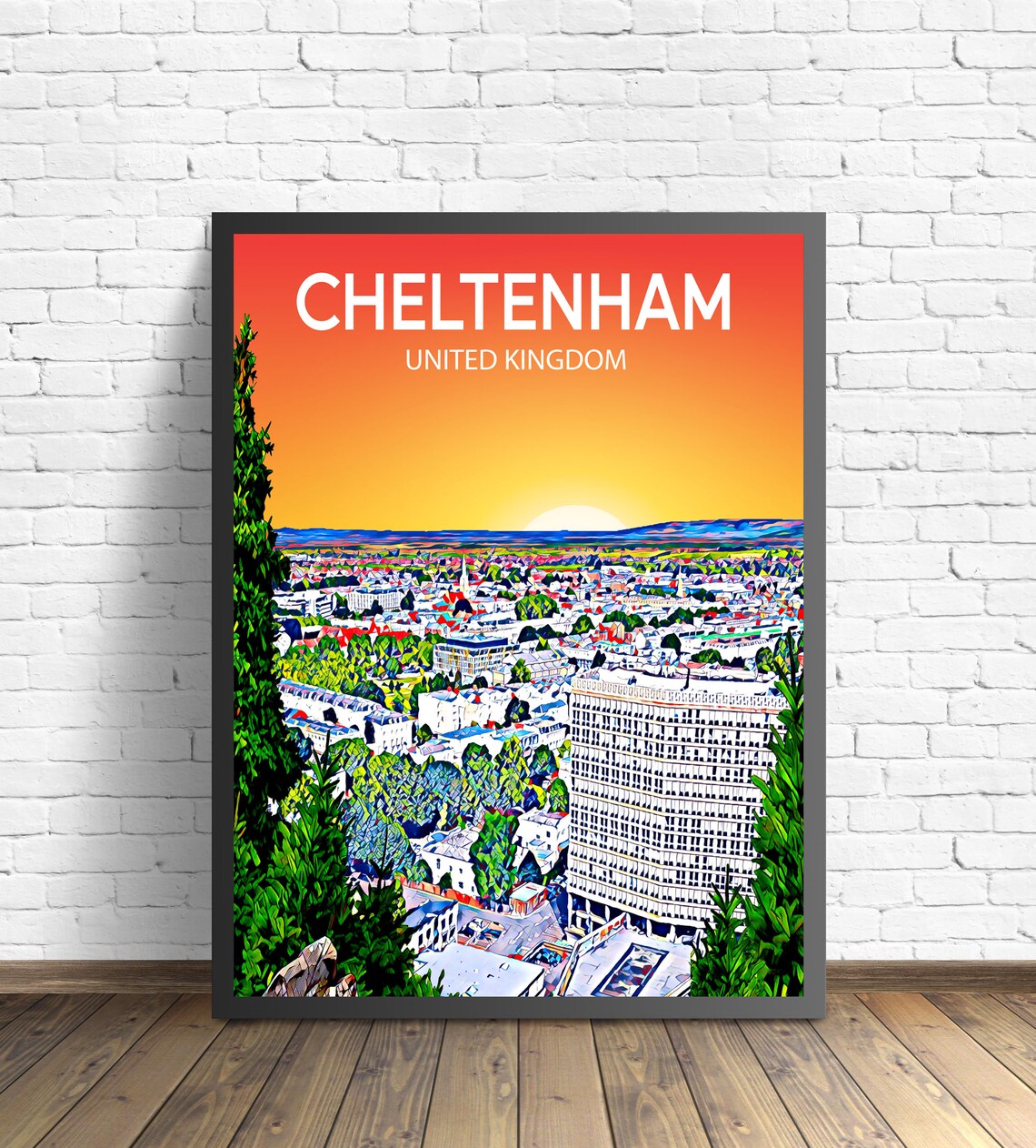 Cheltenham United Kingdom Sunset Skyline Modern City Art Poster