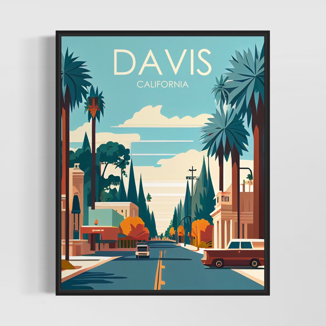 Davis California Palm Lined Downtown Street Retro Travel Poster
