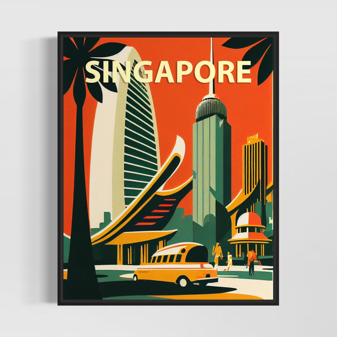 Singapore Retro Fiery Orange Skyline Skyscrapers Bus Scene Poster
