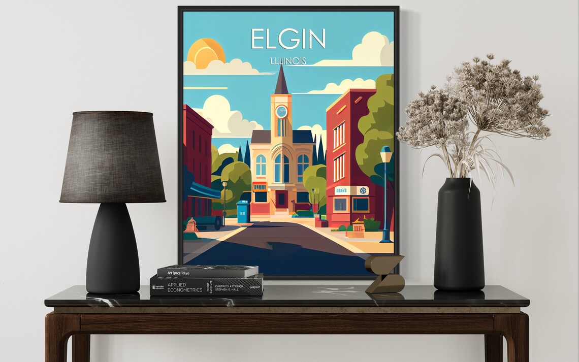 Elgin Illinois Clock Tower Main Street Vintage City Art Poster - Image 3