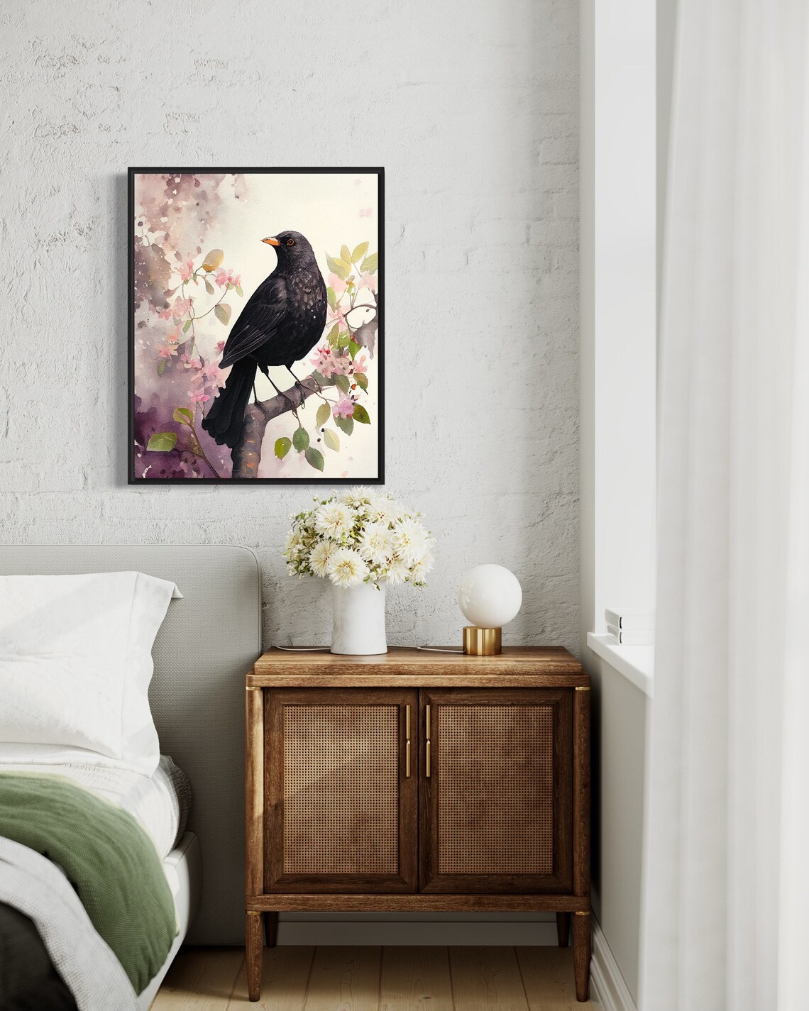 Blackbird Watercolor Bird Perched on Pink Blossom Branch Nature Poster - Image 3