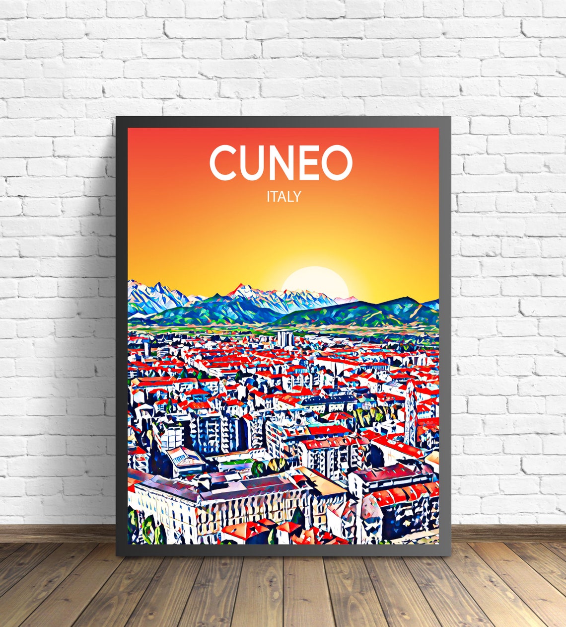 Cuneo Italy Sunset Cityscape Snowy Alps Pop Art Travel Poster
