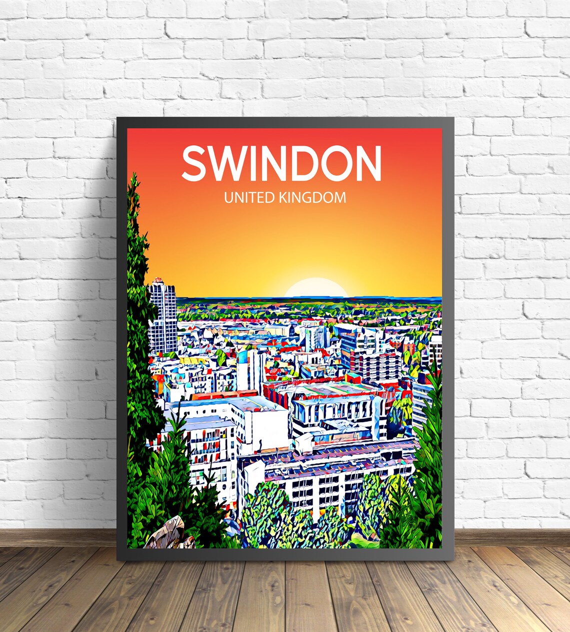 Swindon United Kingdom Sunset Skyline Modern City Art Poster