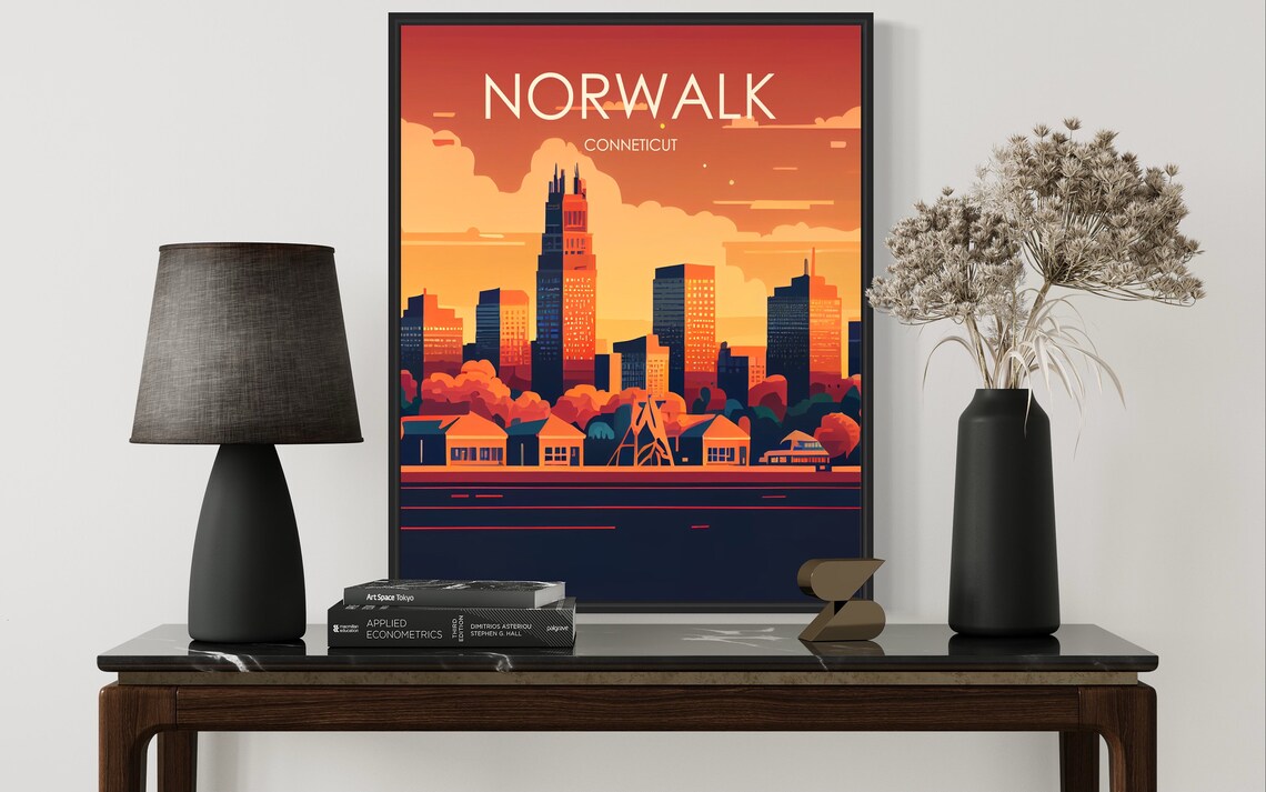 Norwalk Connecticut Sunset Skyline Harbor Retro Travel Poster - Image 3