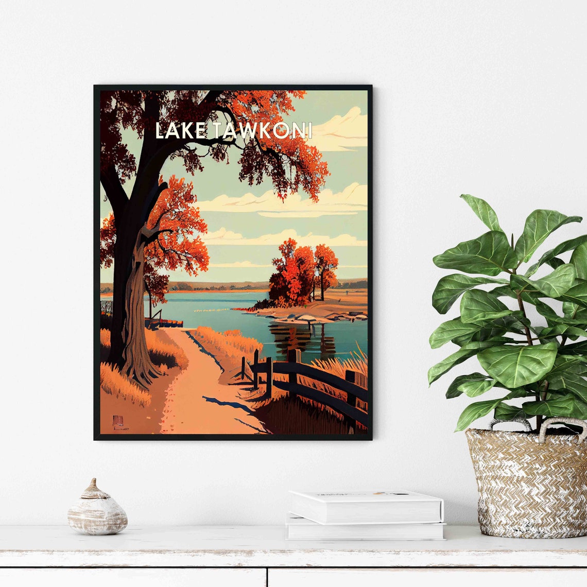 Lake Tawakoni Texas Retro Poster with a Fence and Red Autumn Shoreline - Image 3